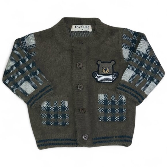 Love Bird Fuzzy Knit Kids Cardigan Brown Plaid Teddy Bear Patch Soft Angora Feel - Picture 6 of 6